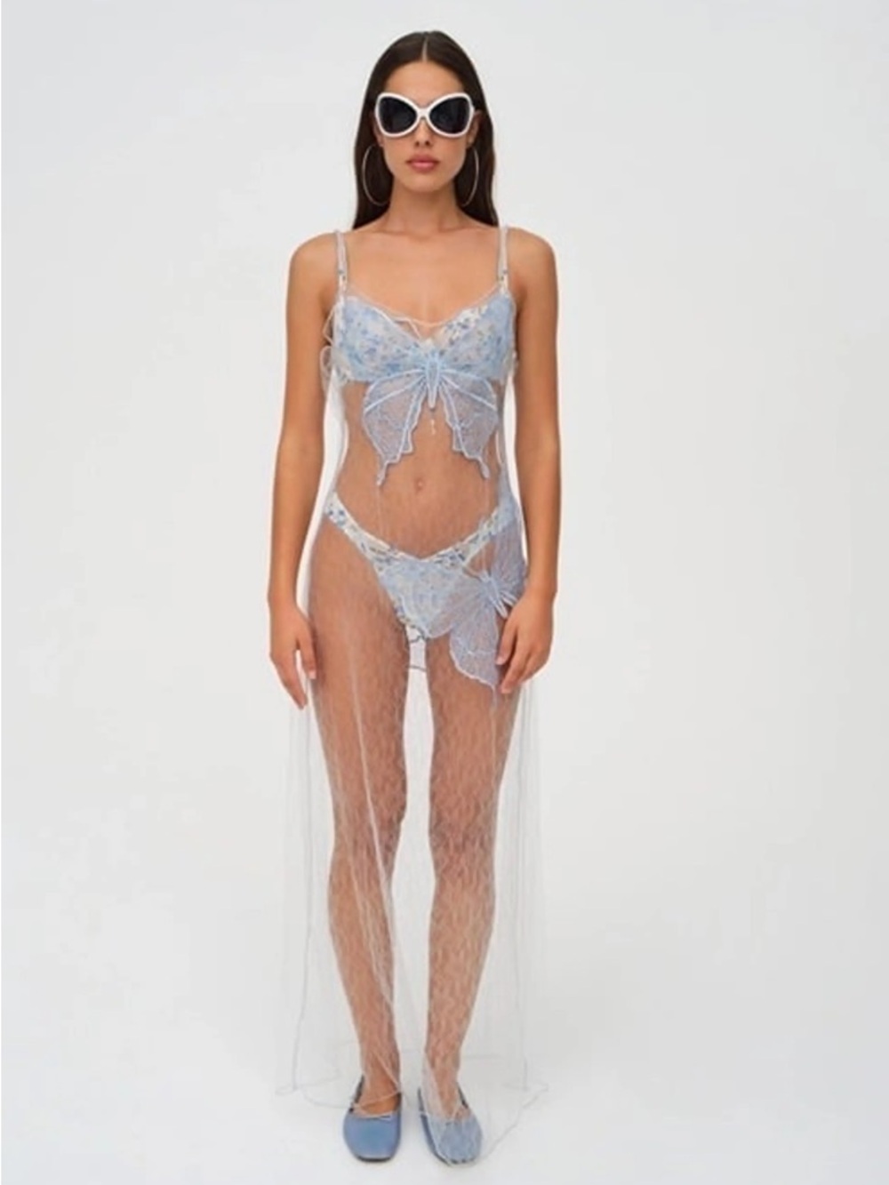 FOR LOVE & LEMONS sheer butterfly embroidered slip maxi dress lingerie / size XS